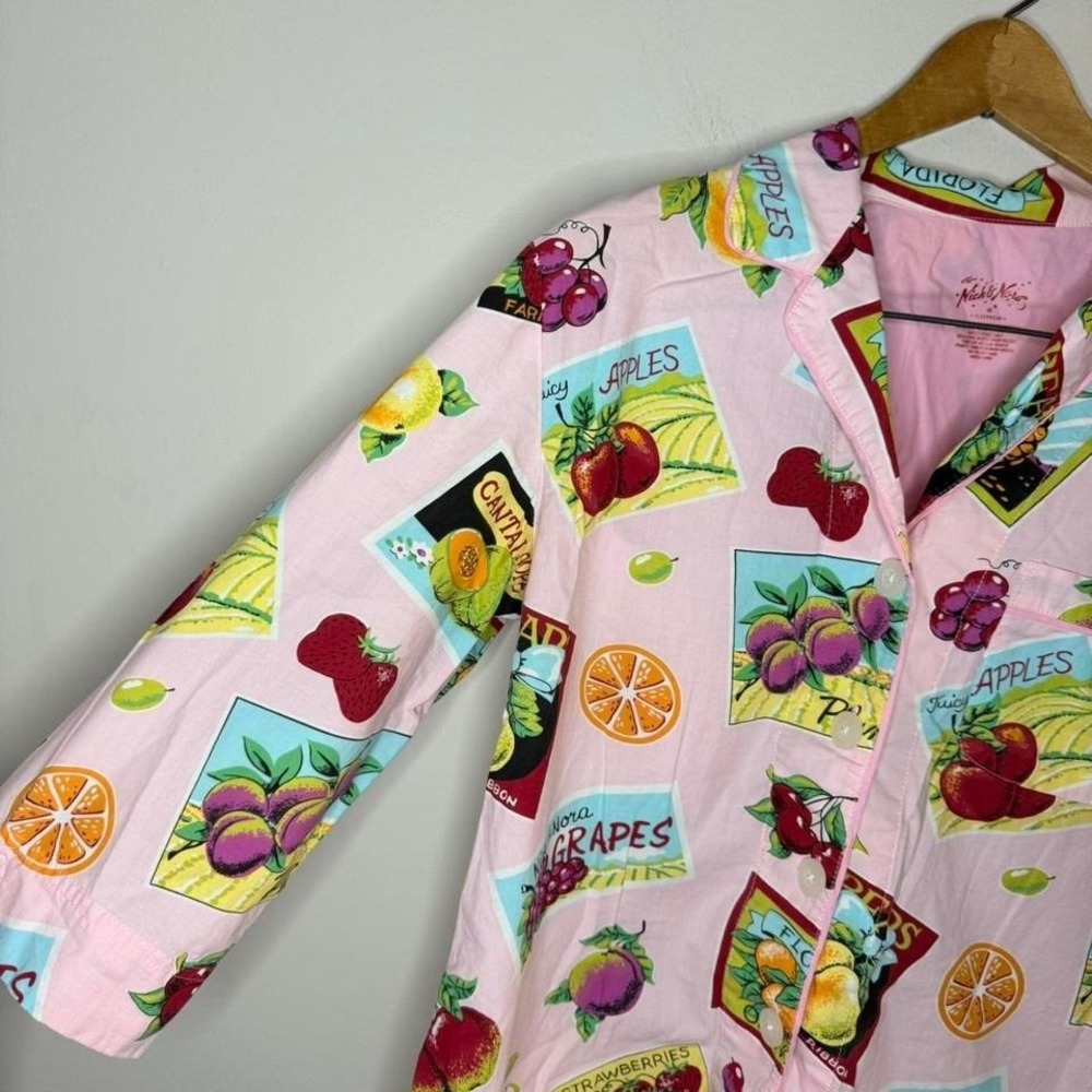 Women's Nick & Nora Pink 3/4 Sleeve Sleep Shirt Button Down Fruit Travel SZ M - Picture 3 of 4